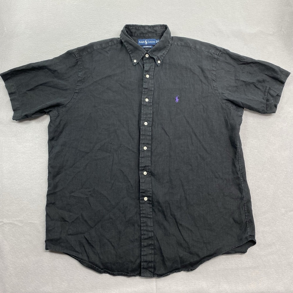 Ralph Lauren Shirt Mens Extra Large Black Button Down Classic Fit Linen Pony